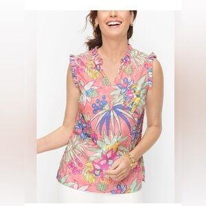 Talbots Pink Tropical Floral Print Ruffle Trim Sleeveless Blouse. Size Large